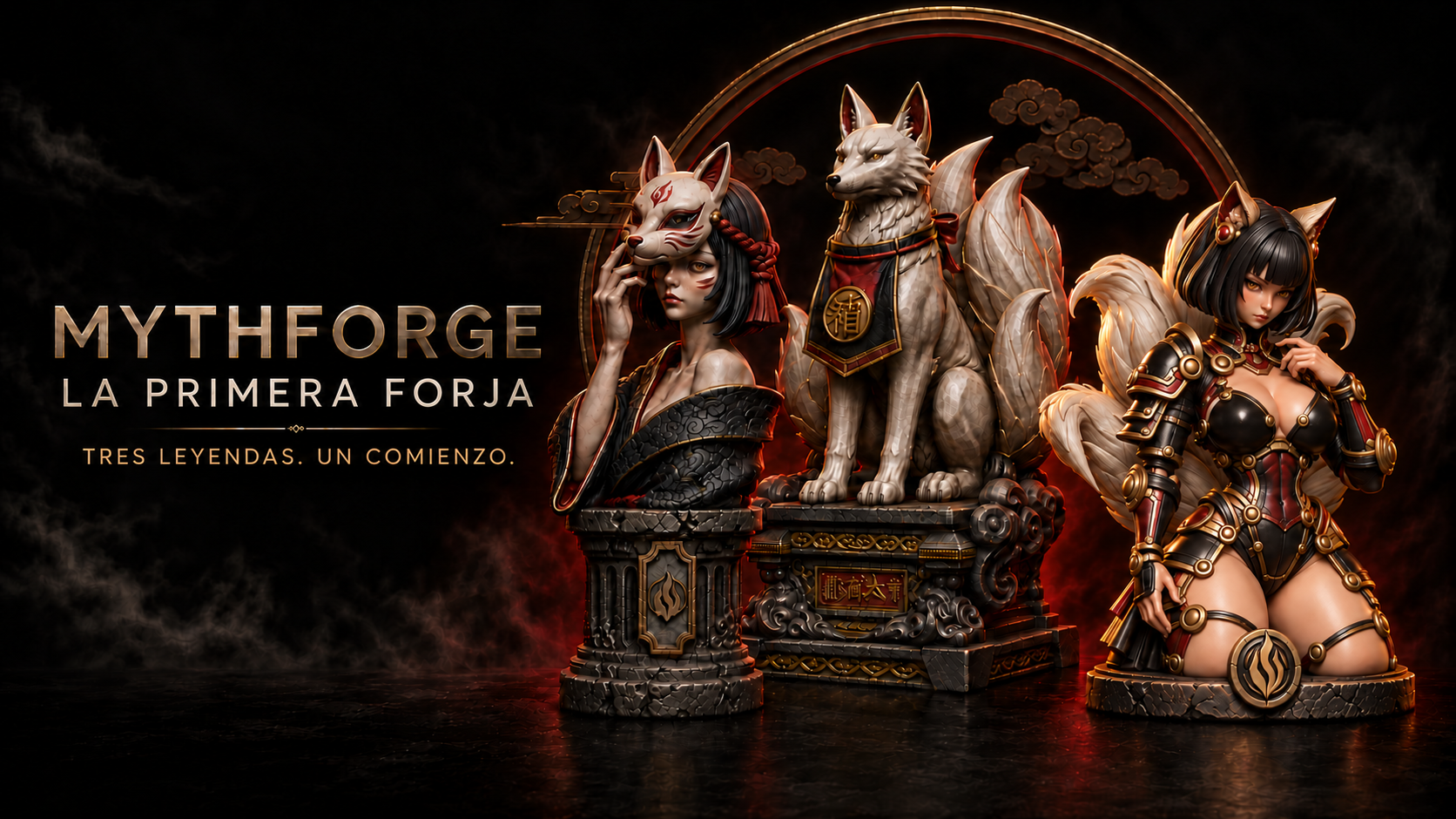 MYTHFORGE — La Primera Forja. Fox Shadow, Inari Guardian y Kitsune Warrior reunidos: tres leyendas, un comienzo.